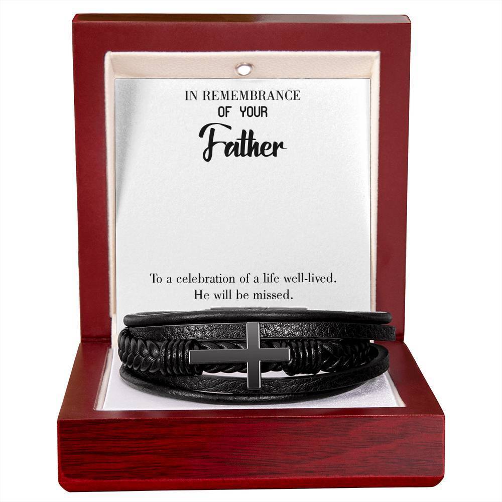 Celebration Of A Life Men's Cross Bracelet - Vegan Leather With Stainless Steel
